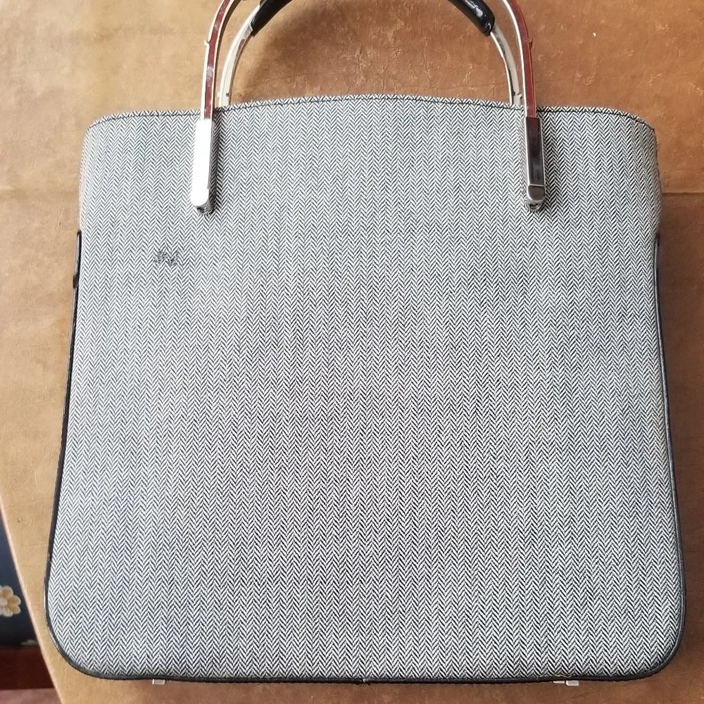 RARE LANCEL PARIS LOGO HERRINGBONE GRAY BLACK LEATHER SILVER HANDBAG BAG PURSE